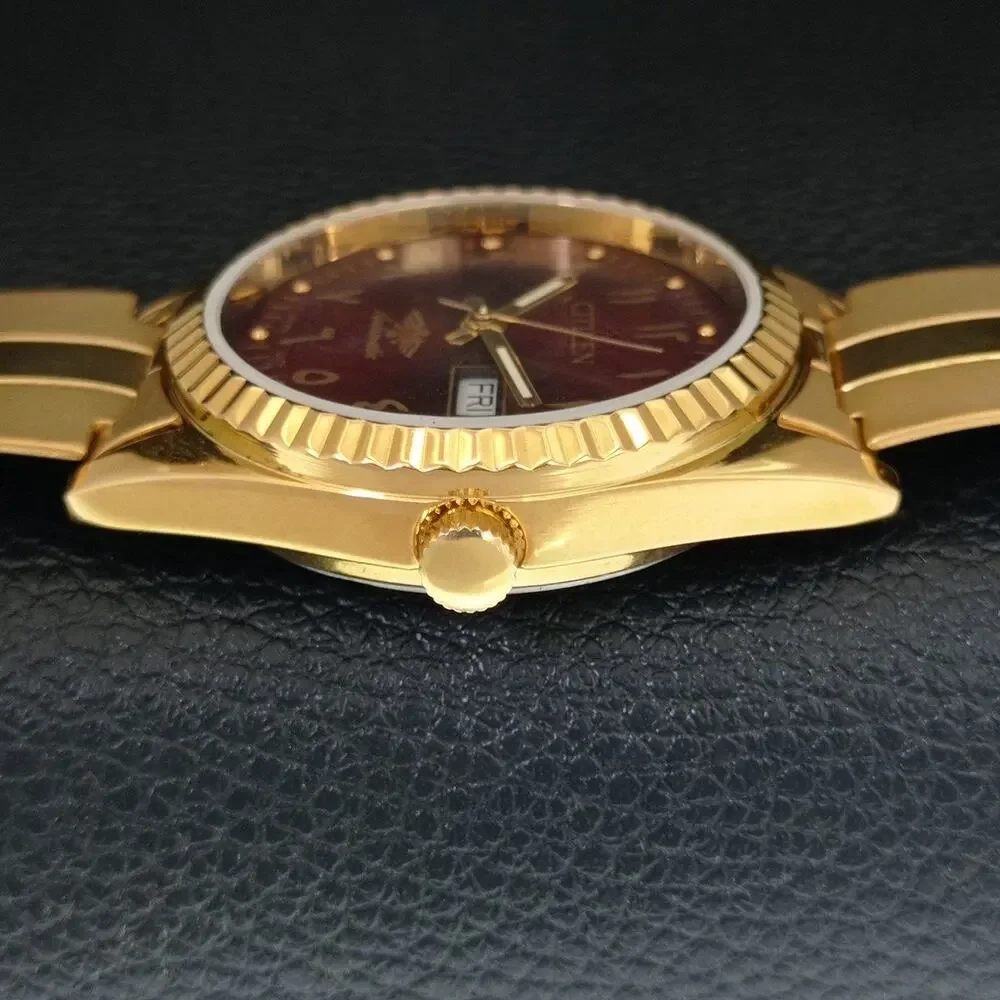 Vintage 1985 Citizen Automatic Mens Gold Watch W/daydate & Red accents